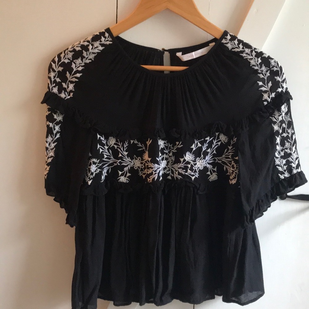 Zara black boho top with ruffles and embroidery S